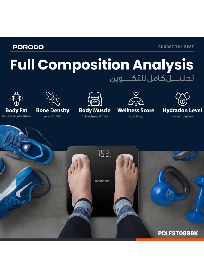 بورودو ميزان ذكي لتحليل نمط الحياة بدقة مزود بـ 8 أقطاب كهربائية دقيقة / أقصى وزن 180 كجم / درجة العافية / نسبة الدهون في الجسم / كثافة العظام / عضلات الجسم / مستوى الترطيب - أسود - Image 2